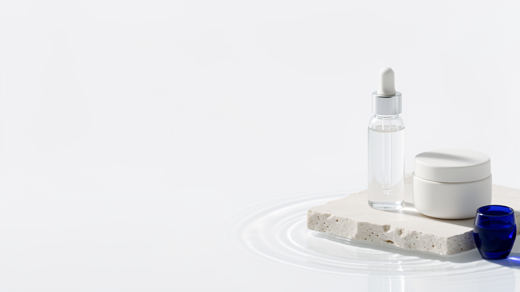 Sérum y crema sobre piedra mineral rodeados de agua y cristal azul