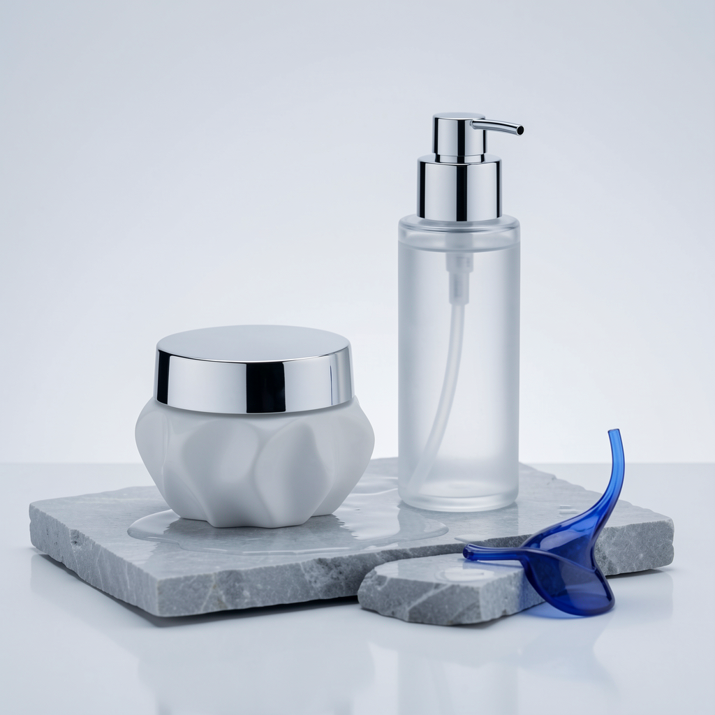 Crema y limpiador de lujo sobre piedra gris con detalle de cristal azul