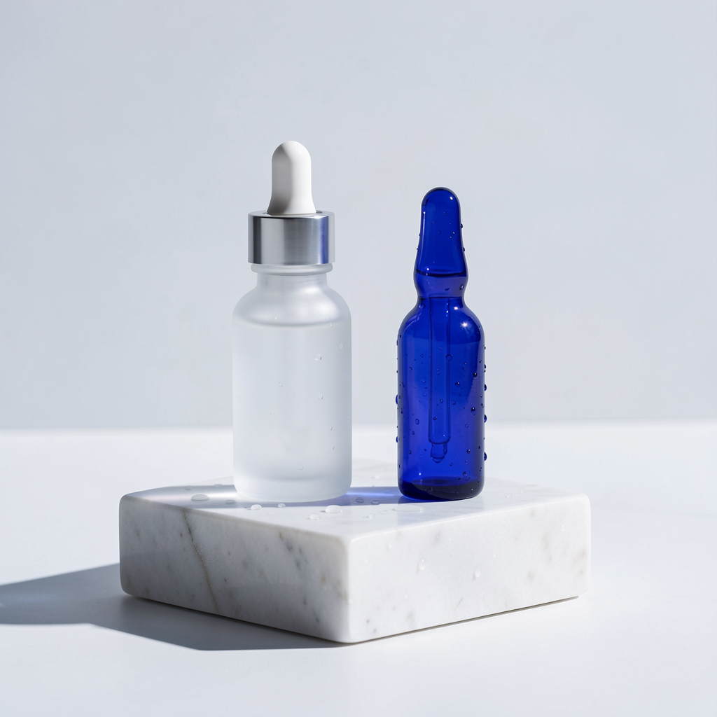 Frascos de sérum blanco y azul sobre pedestal de mármol